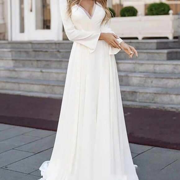 Elegant Long Sleeve A-Line Wedding Dress – Illusion Lace Back & Flowing Train - Picture 4 of 15